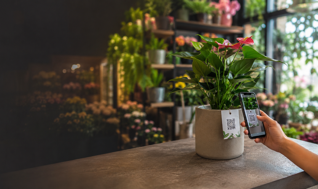 Planta vendida em floricultura com cartão de cuidado e identificador