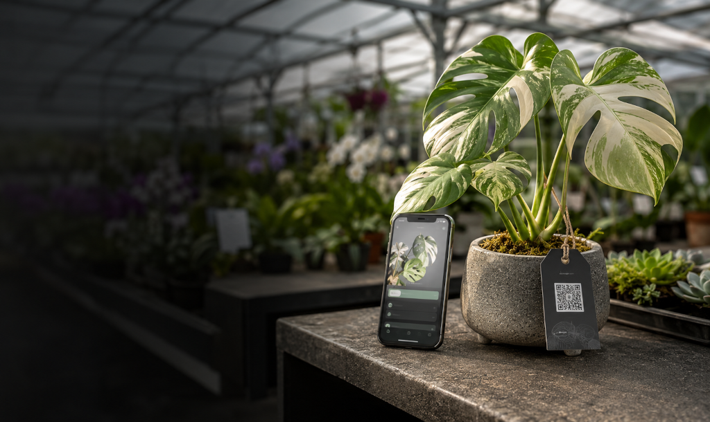Planta rara com etiqueta de identificação digital e identificador